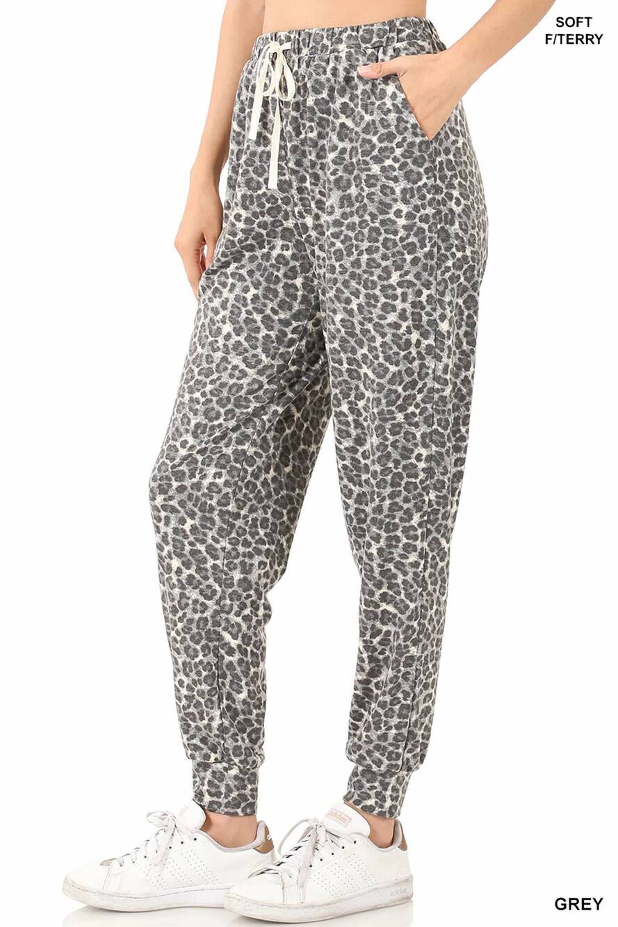 NEW ZENANA french terry leopard print joggers in grey - Picture 3 of 3